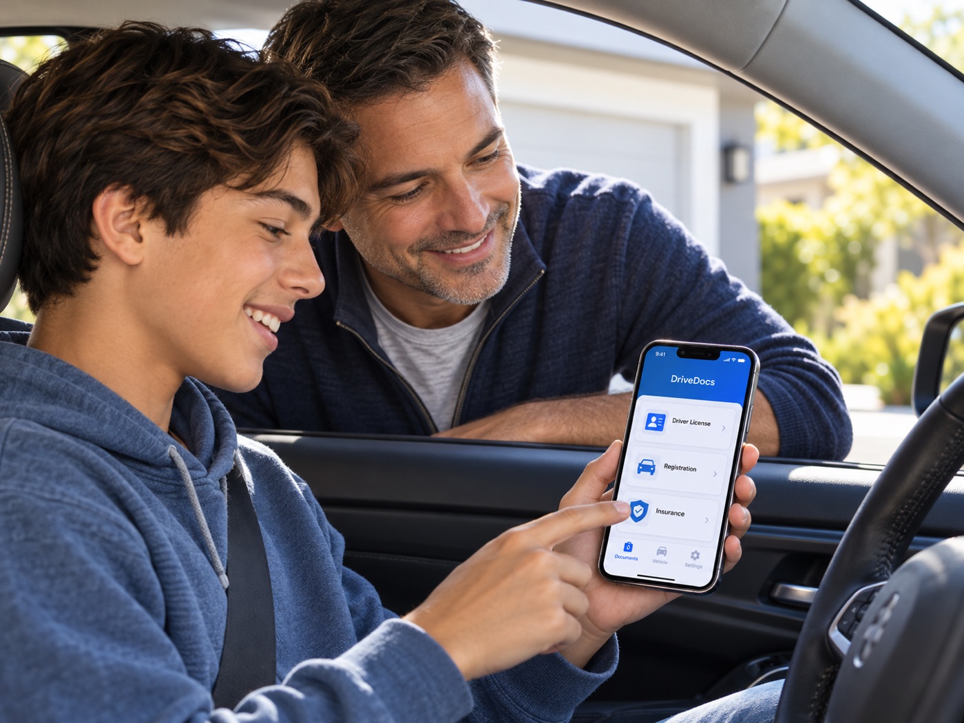 A parent and a teenager in a parked car look at the three DriveDocs document cards on a phone.