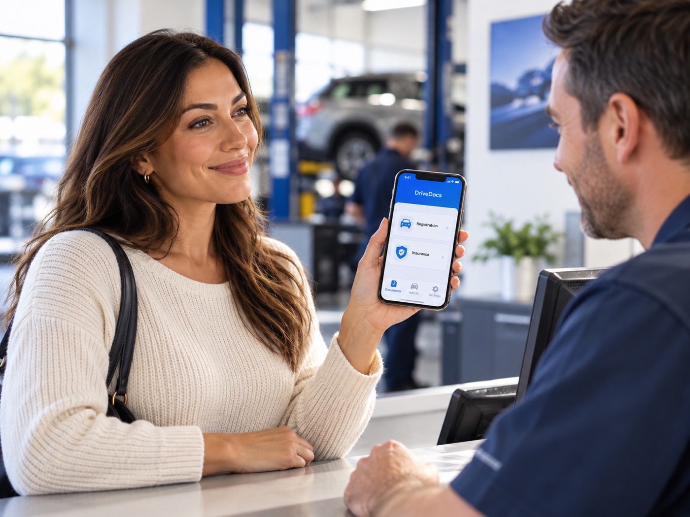 A woman at a service desk holds up her phone showing her registration and insurance to an advisor.